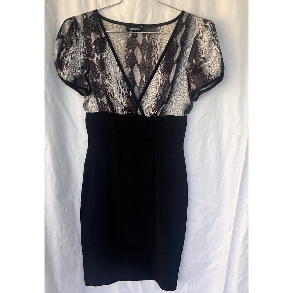 Y2K Glam Bebe Snake Print Bandage Dress Women Medium Cap Sleeve Bodycon Clubwear